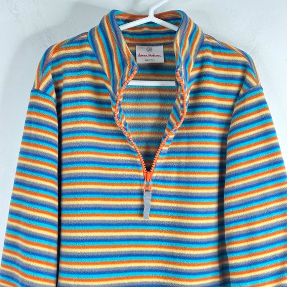 Hanna Andersson 1/4 Zip Fleece Pullover Boys 8 / 130 Orange Blue Stripe Pockets - Picture 2 of 10